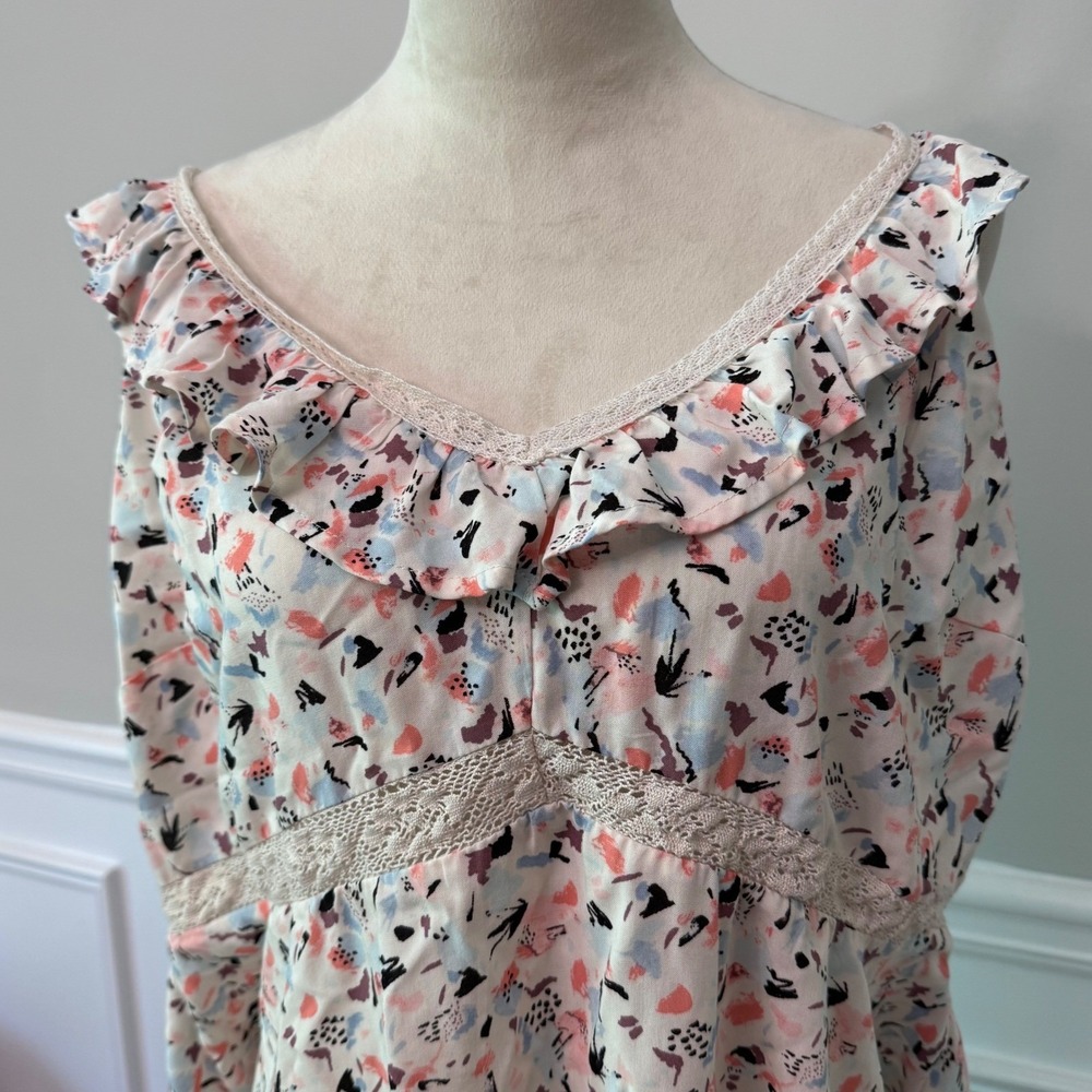 Abstract Print Y2K Ruffle Lace Trim Babydoll Empire Waist Top Pink 2 - Picture 6 of 14